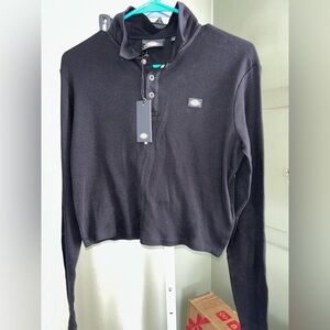 Dickies Womans Black Long Sleeve Cropped Henley with logo on front